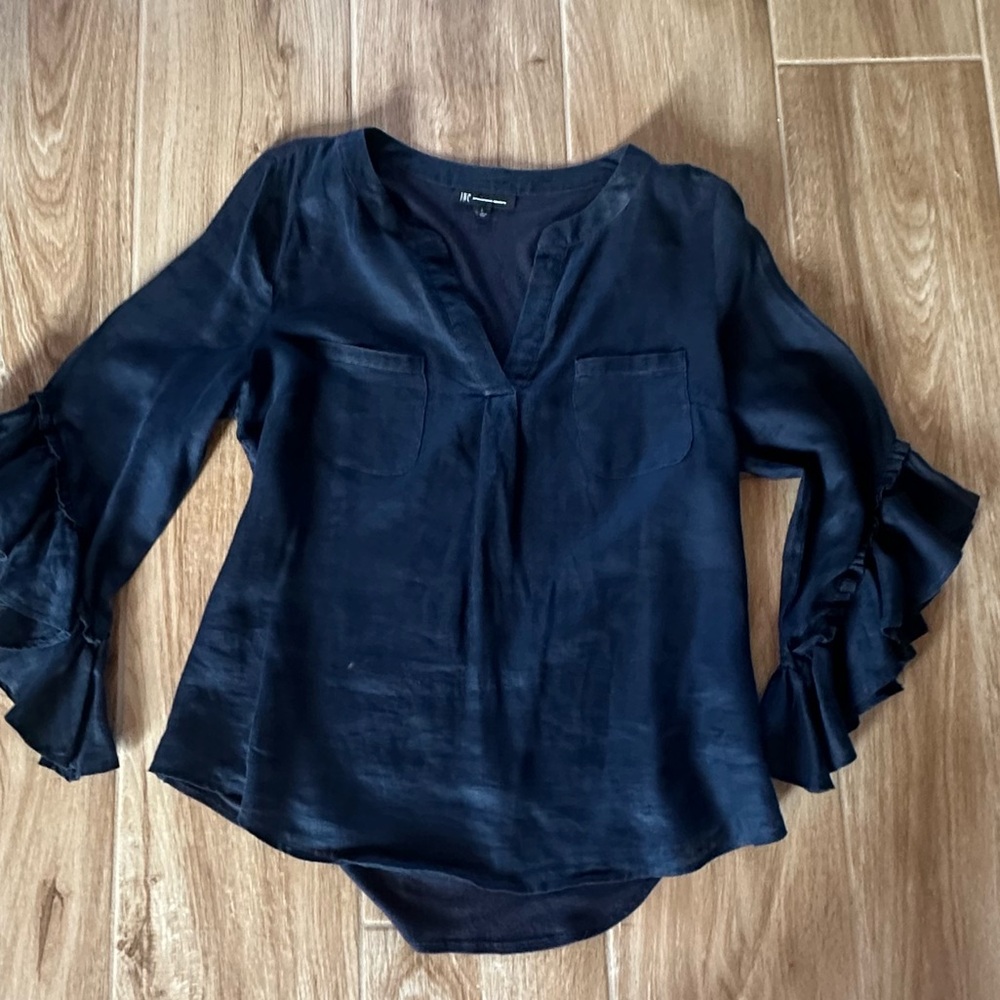 I.N.C. International Concepts navy blue v-neck blouse with ruffle sleeves Linen